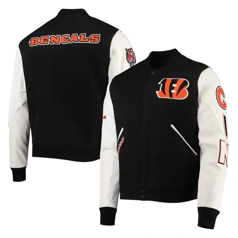 Cincinnati Bengals Black Wool & White Genuine Leather Sleeves Men's Varsity Jacket