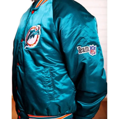 Miami Dolphins Team Full-Snap Varsity Aqua Satin Men's Bomber Jacket
