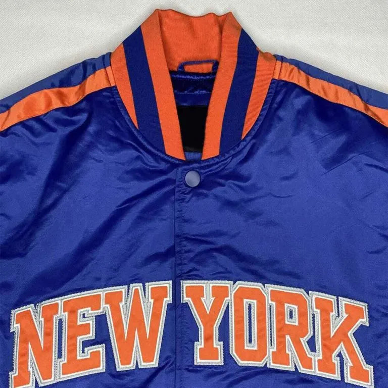 New York Knick Striped Full-Snap Varsity Blue Satin Men's Bomber Jacket