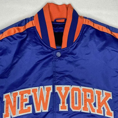 New York Knick Striped Full-Snap Varsity Blue Satin Men's Bomber Jacket