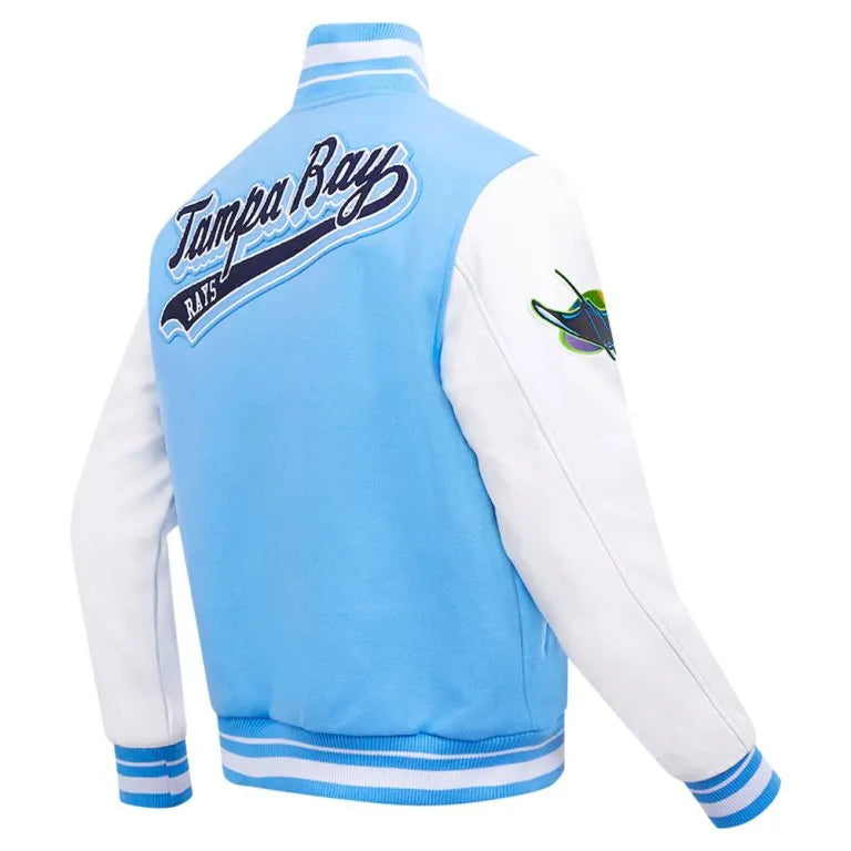 Tampa Bay Rays Script Tail Light Blue Wool and White Leather Sleeves Varsity Men's Jacket