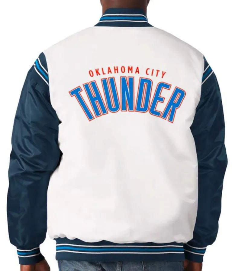 Oklahoma City Thunder Full-Snap Varsity White and Navy Blue Satin Men's Bomber Jacket