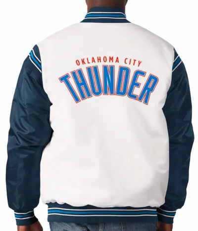 Oklahoma City Thunder Full-Snap Varsity White and Navy Blue Satin Men's Bomber Jacket