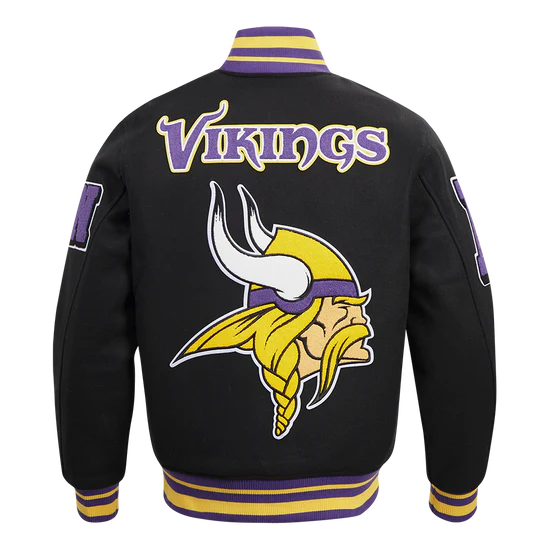 Minnesota Vikings Mashup Classic Rib Black Wool and Genuine Leather Sleeves Men's Varsity Letterman Jacket