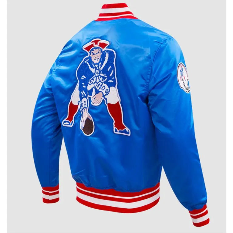 New England Patriots Retro Classic Rib Full-Snap Varsity Royal Blue Satin Men's Bomber Jacket