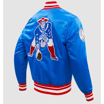 New England Patriots Retro Classic Rib Full-Snap Varsity Royal Blue Satin Men's Bomber Jacket