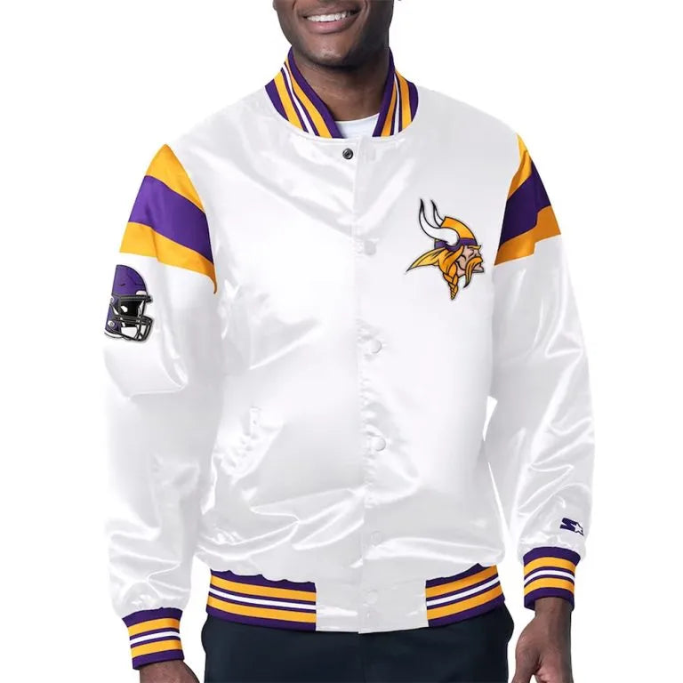 Minnesota Vikings Midweight Full-Snap Varsity White Satin Men's Bomber Jacket