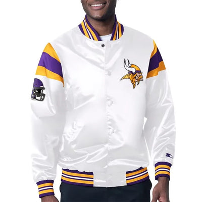 Minnesota Vikings Midweight Full-Snap Varsity White Satin Men's Bomber Jacket