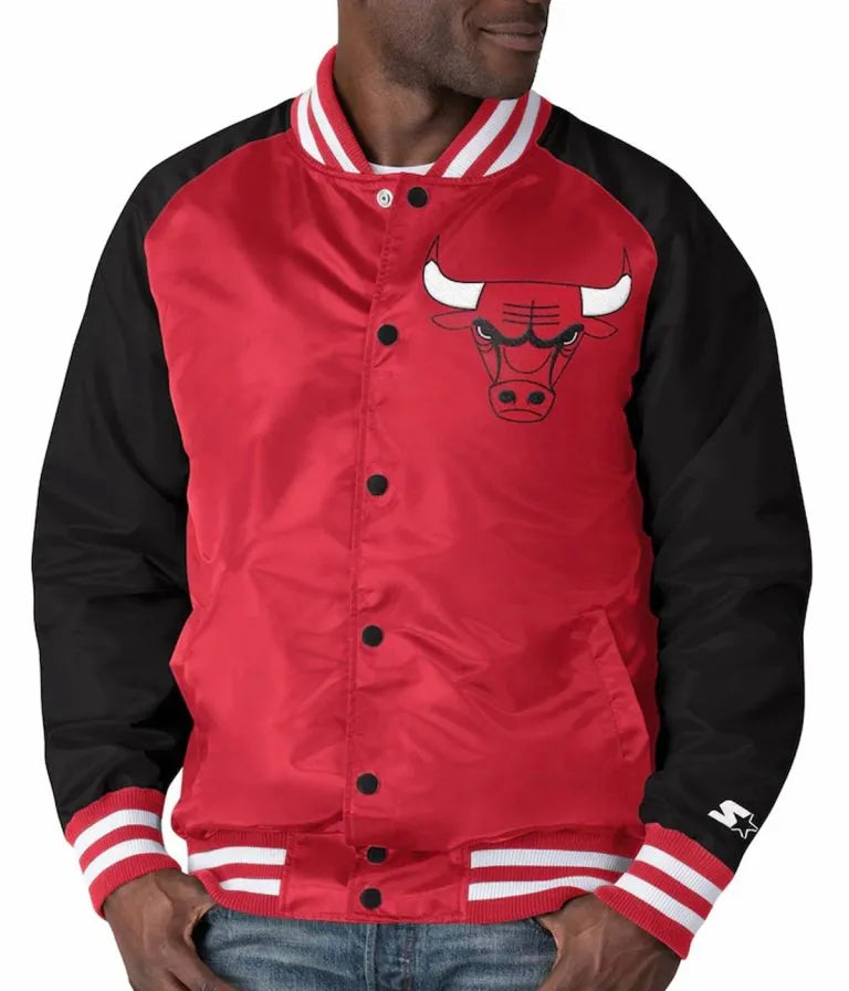 Chicago Bulls Point Guard Full-Snap Varsity Red and Black Satin Men's Bomber Jacket
