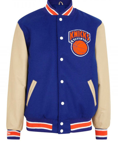 New York Knicks Varsity Blue Wool & Beige Genuine Leather Sleeves Men's Letterman Jacket