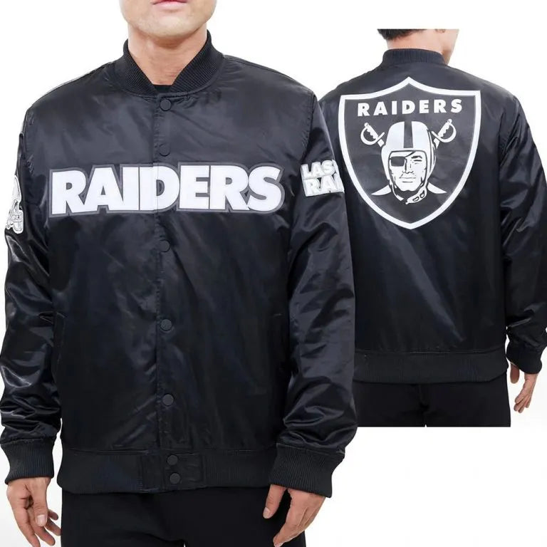 Los Angeles Raiders Big Logo Full-Snap Varsity Black Satin Men's Bomber Jacket