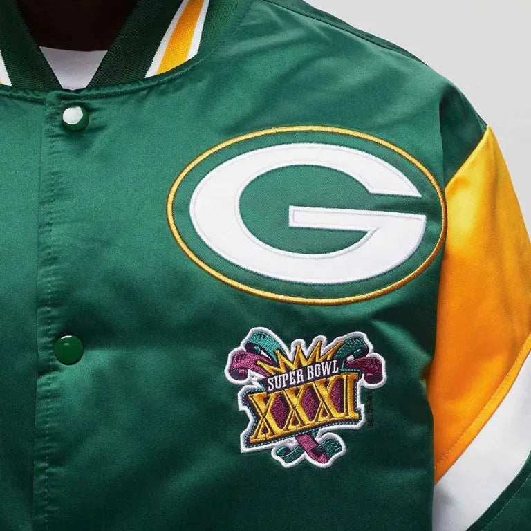 Green Bay Packers Heavyweight Full-Snap Varsity Green Satin Men's Bomber Jacket