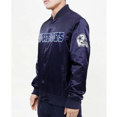 Dallas Cowboys Wordmark Full-Snap Varsity Navy blue Satin Men's Bomber Jacket