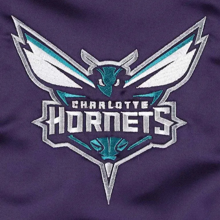 Charlotte Hornets Pick & Roll Full-Snap Varsity Purple Satin Men's Bomber Jacket