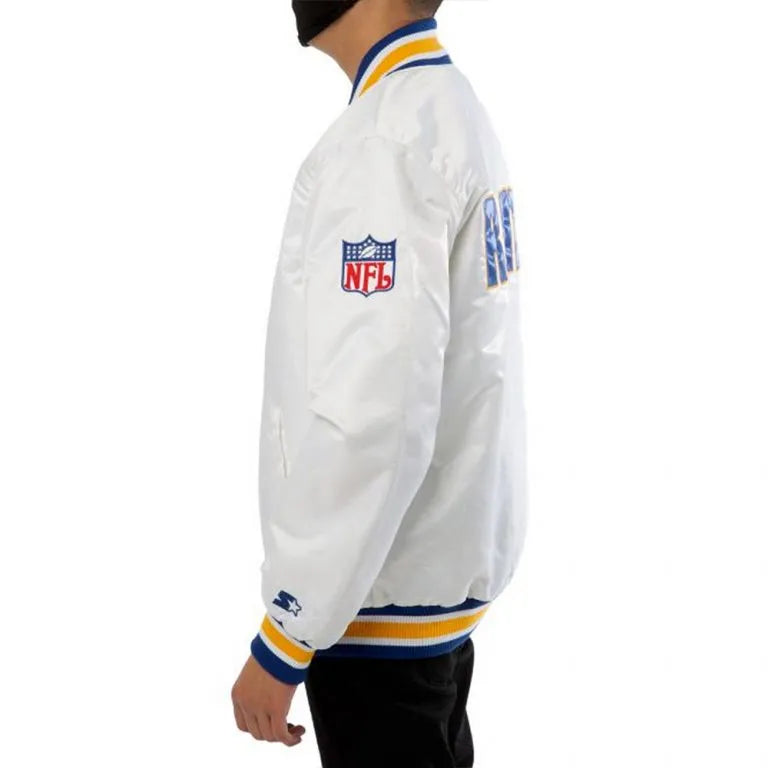 Los Angeles Rams Cooper Kupp Full-Snap Varsity White Satin Men's Bomber Jacket