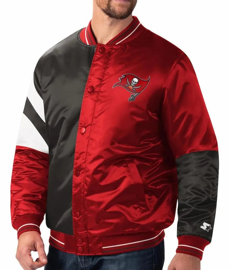Tampa Bay Buccaneers Leader Full-Snap Varsity Red and Black Satin Men's Bomber Jacket