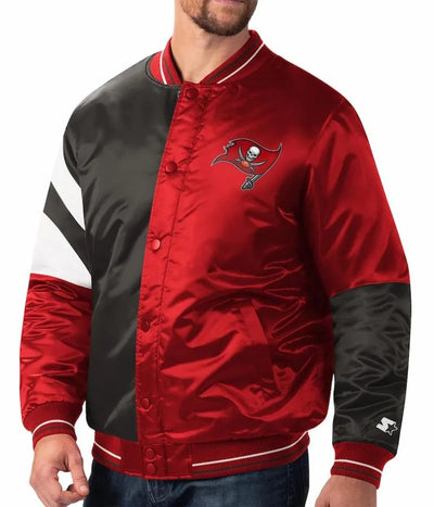 Tampa Bay Buccaneers Leader Full-Snap Varsity Red and Black Satin Men's Bomber Jacket
