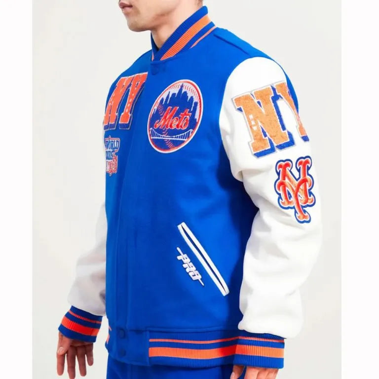 New York Mets Mash Up Full-Zip Varsity Blue/White Wool/Leather Men's Jacket