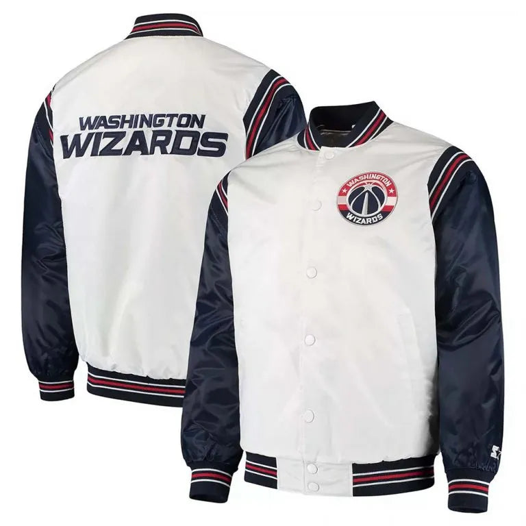 Washington Wizards Renegade Full-Snap Varsity White and Navy Blue Satin Men's Bomber Jacket