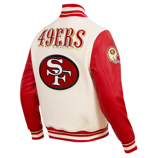 San Francisco 49ers Mash Up Retro Classic Off White Wool & Red Genuine Leather Sleeves Men's Varsity Letterman Jacket