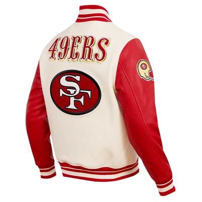 San Francisco 49ers Mash Up Retro Classic Off White Wool & Red Genuine Leather Sleeves Men's Varsity Letterman Jacket