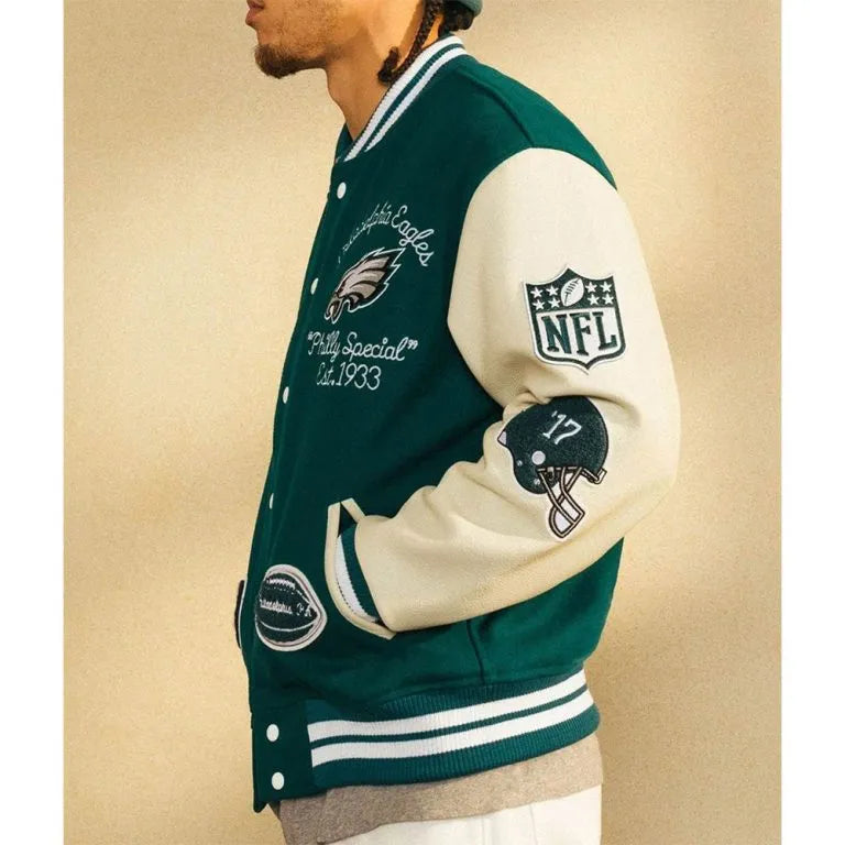 OVO Philadelphia Eagles Green Wool & White Genuine Leather Sleeves Men's Varsity Letterman Jacket