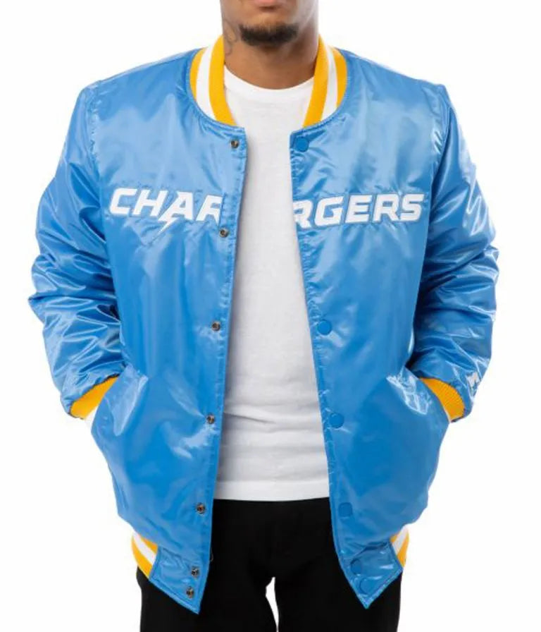 Los Angeles Chargers Full-Snap Varsity Light Blue Satin Men's Bomber Jacket