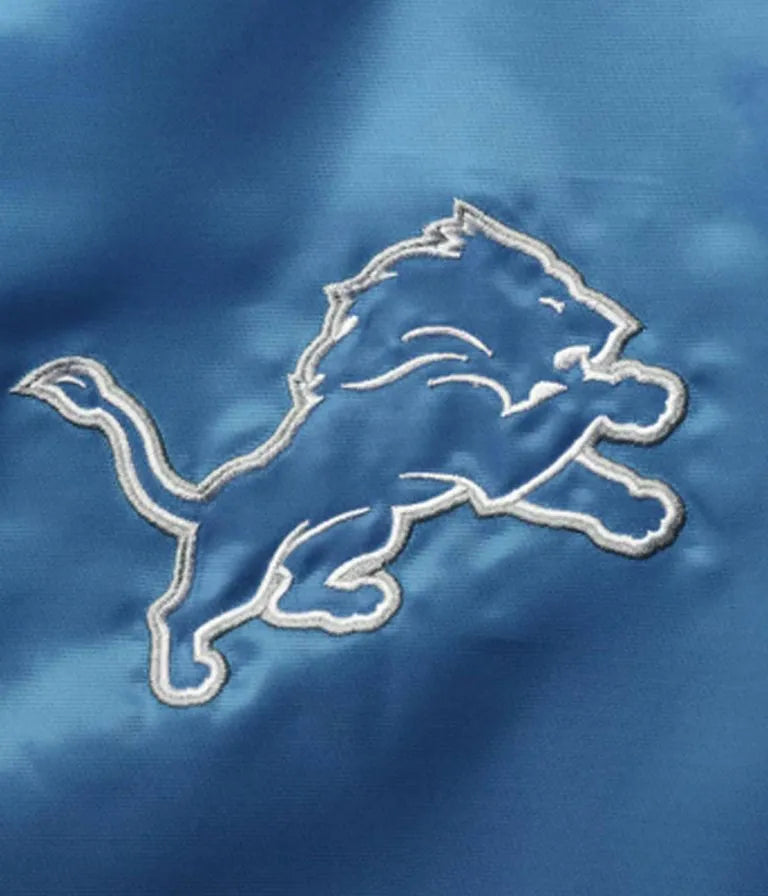 Detroit Lions Leader Full-Snap Varsity Blue and Grey Satin Men's Bomber Jacket