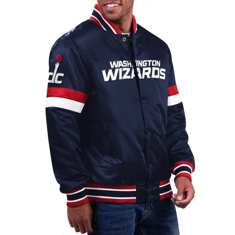 Washington Wizards Home Game Full-Snap Varsity Navy Blue Satin Men's Bomber Jacket