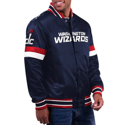 Washington Wizards Home Game Full-Snap Varsity Navy Blue Satin Men's Bomber Jacket