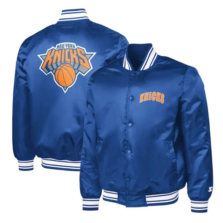 New York Knicks Logo Full-Snap Varsity Blue Satin Men's Bomber Jacket