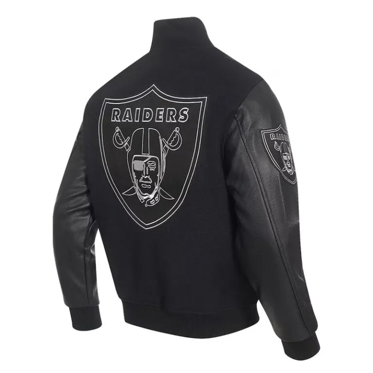 Los Vegas Raiders Black Wool and Genuine Leather Sleeves Men's Varsity Letterman Jacket