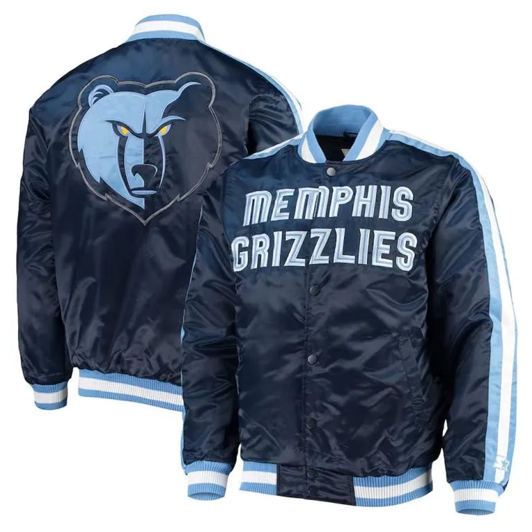Memphis Grizzlies The Offensive Full-Snap Varsity Navy Blue Satin Men's Bomber Jacket