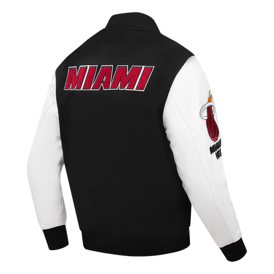 Miami Heat Mashup Logo Varsity Black Wool & White Genuine Leather Sleeves Men's Jacket