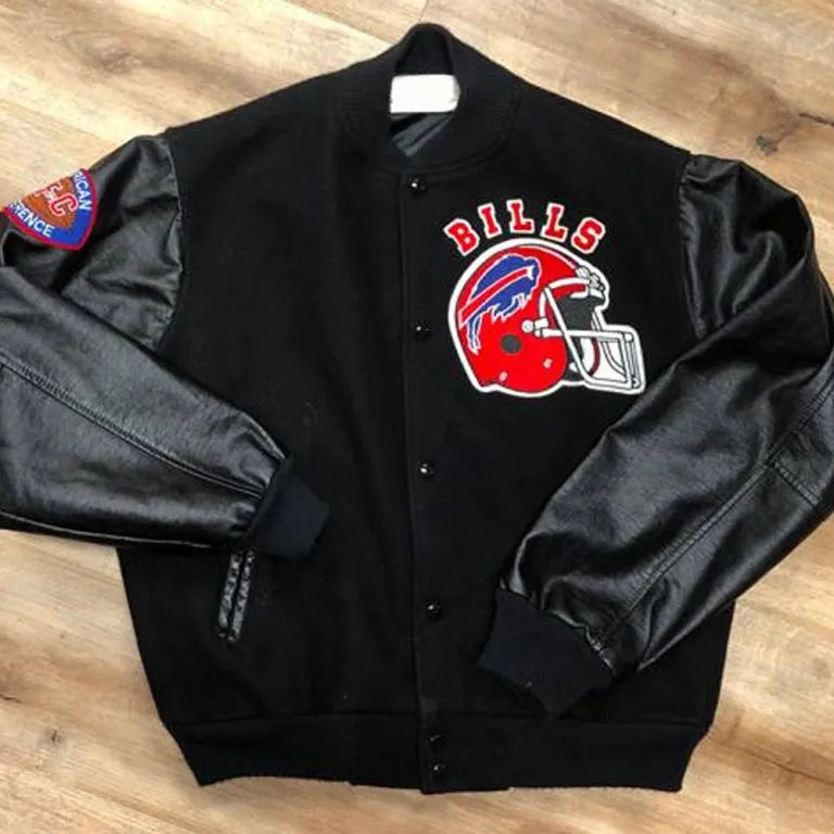 90’s Buffalo Bills Black Wool & Leather Sleeves Varsity Men's Letterman Jacket