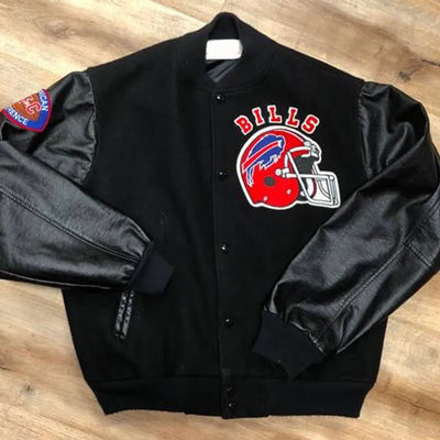 90’s Buffalo Bills Black Wool & Leather Sleeves Varsity Men's Letterman Jacket