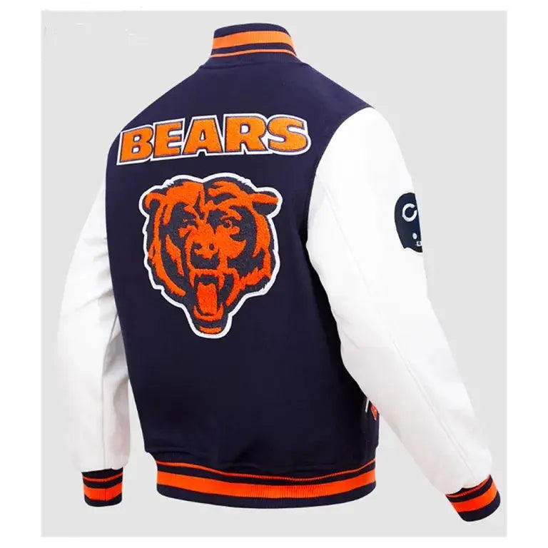 Chicago Bears Navy Blue Wool & White Genuine Leather Sleeves Full-Snap Men's Varsity Jacket