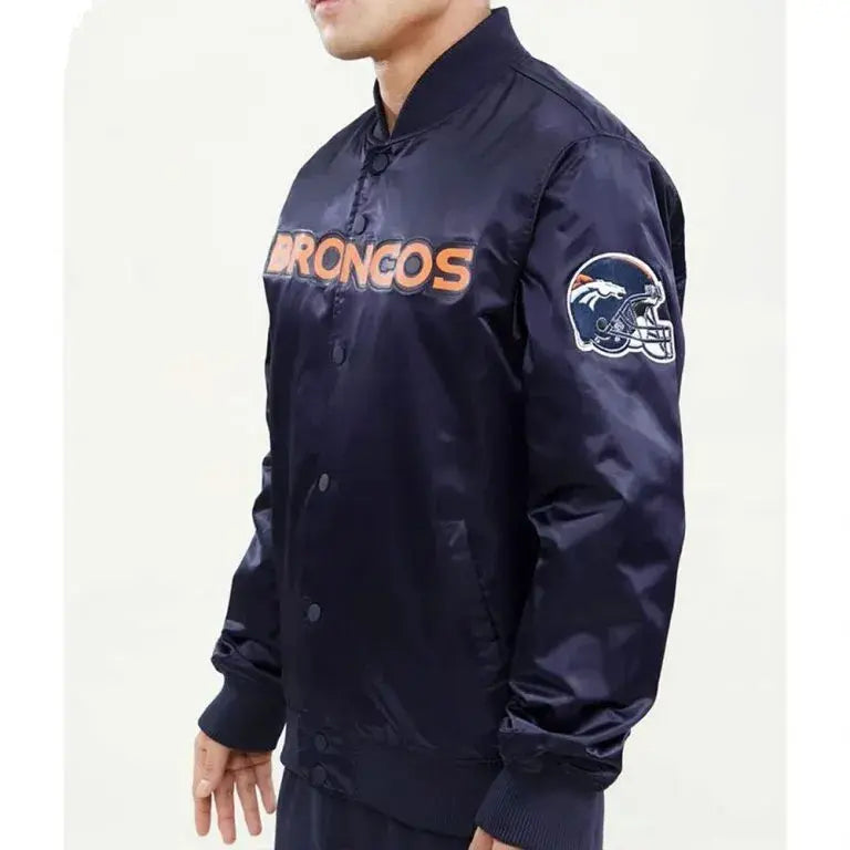 Denver Broncos Full-Snap Varsity Navy Blue Satin Men's Bomber Jacket
