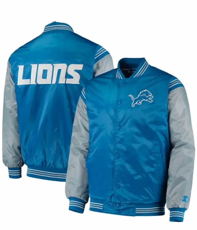 Detroit Lions Full-Snap Varsity Blue and Grey Satin Men's Bomber Jacket