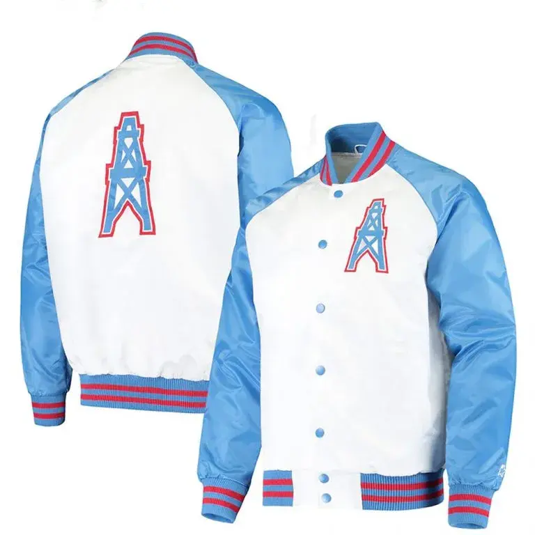 Houston Oilers Throwback Full-Snap Varsity White and Blue Satin Men's Bomber Jacket