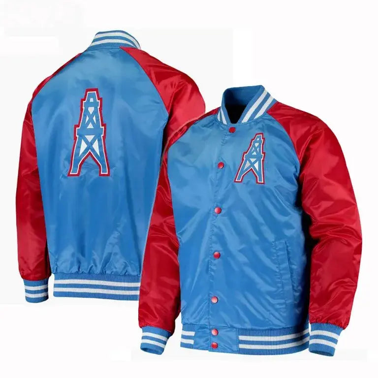 Houston Oilers Throwback Full-Snap Varsity Red and Blue Satin Men's Bomber Jacket
