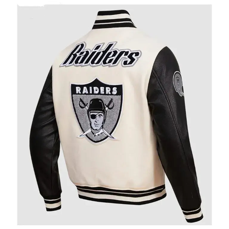 Los Vegas Raiders Retro Classic Rib Off-White Wool and Black Genuine Leather Sleeves Men's Varsity Letterman Jacket