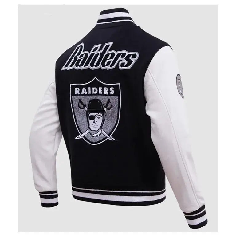 Los Vegas Raiders Retro Classic Rib Black Wool and White Genuine Leather Sleeves Men's Varsity Letterman Jacket