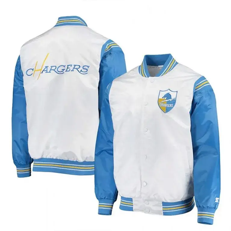 Los Angeles Chargers Renegade Throwback Full-Snap Varsity White and Powder Blue Satin Men's Bomber Jacket