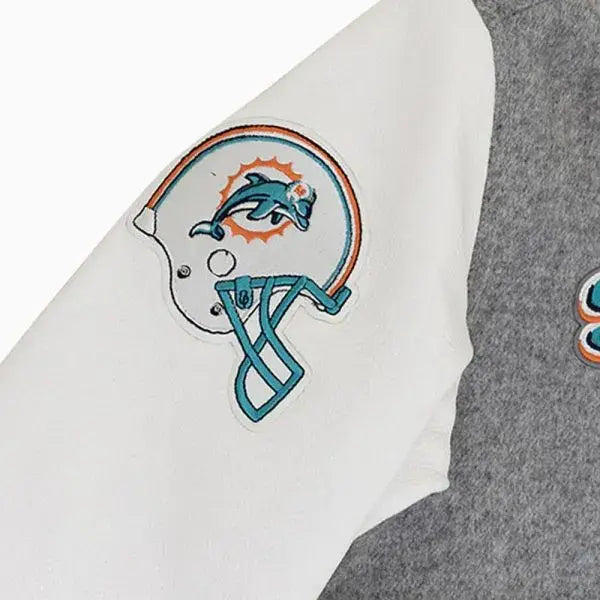 Miami Dolphins Gray Wool and White Genuine Leather Sleeves Men's Varsity Letterman Jacket