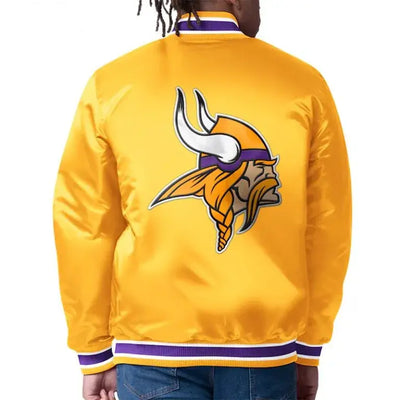 Minnesota Vikings Closer Full-Snap Varsity Gold Satin Men's Bomber Jacket