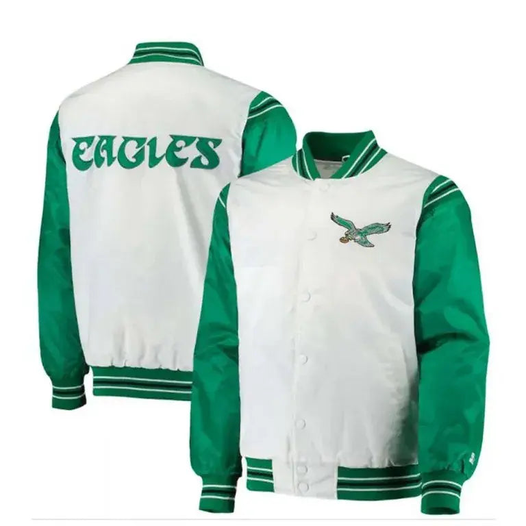Philadelphia Eagles Renegade Logo Full-Snap Varsity Green and White Satin Men's Bomber Jacket