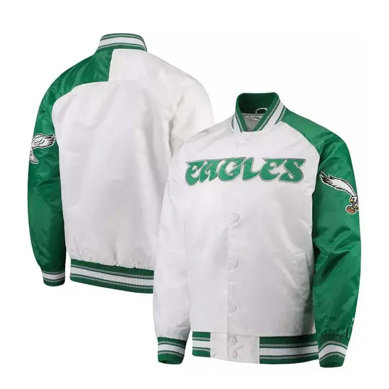 Philadelphia Eagles Renegade Logo Full-Snap Varsity Green and White Satin Men's Bomber Jacket