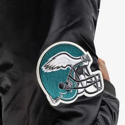 Philadelphia Eagles Big Logo Full-Snap Varsity Black Satin Men's Bomber Jacket