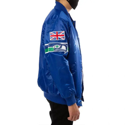 80s Seattle Seahawks Full-Snap Varsity Royal Blue Satin Men's Bomber Jacket